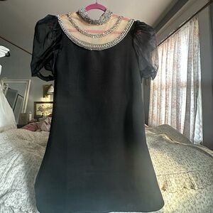 Anthropologie Black Mini Dress with Embellished Neckline
